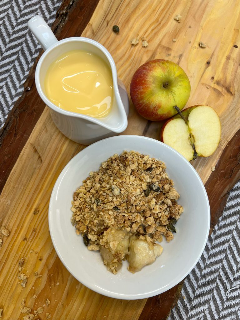 Apple crumble and custard